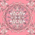 3d ornamental floral seamless Baroque vector mandala pattern. Vintage elegance pink background. Surface line art Damask ornament