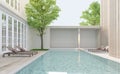 3D outdoor render swimming pool Modern style, white tone, with sun loungers on grooved wood. and there is an open room outside for