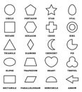 2D outline shapes set with vocabulary in english with their name. clip art collection for child learning, geometric shapes flash