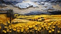 Yellow Flower Field Painting In Paper Sculpture Style