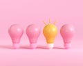 3d outstanding light bulb different pink light bulbs. creative thinking innovation concept. 3d render illustration cartoon minimal Royalty Free Stock Photo