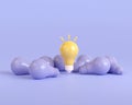 3d outstanding light bulb different purple light bulbs. creative thinking innovation concept. Turned off and glowing lamps. 3d Royalty Free Stock Photo