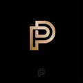 D and P monogram. D, P logo. Linear gold letters on on a black background.