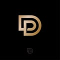 D and P monogram. D, P logo. Linear gold letters on on a black background.