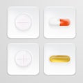 3d Packaging For Drugs Painkillers, Antibiotics, Vitamins And Aspirin Tablets. Set Of White Blisters Realistic Icons With Pills An