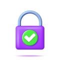3D Padlock with Approved Checkmark Isolated
