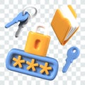 3D padlock with encrypted password, keys of various types, folder with files Royalty Free Stock Photo