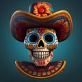 3D painted skull with hat and collar on a solid background. For the day of the dead and Halloween