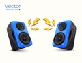 3d pair of stereo blue and black speakers with loud sound effect, isolated on white background. 3d outdoor music show