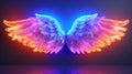 3d pair of wings in neon light on a dark background. Generative AI