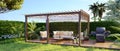 3D panoramic render of a luxury wooden teak deck with gas grill and furniture