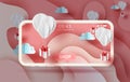 3D Paper art of Air white balloons gift floating on Abstract Curve shape pink sky background,valentine season concept.smartphone