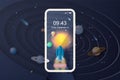 3D Paper art of Smartphone or mobile with launch rocket Startup for Solar system circle.Galaxy space exploring with satellite and