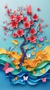 3D paper art tree with pink roses, blue waves, yellow hills, and butterflies on a cyan background