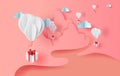 3D Paper art of white balloons gift floating with nature landscape view scene place for your text space sweet pink color pastel
