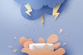 3d paper cut abstract rainy season concept background.Cylinder podium with water splash of rainy day, overcast sky, thunder and