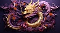 3d paper cut background. Abstract dragon and flowers in Chinese style. Concept for Lunar New Year holiday