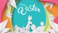 3d paper cut illustration of colorful easter rabbit, grass, flowers and egg shape. Happy easter greeting card template. - Vector Royalty Free Stock Photo