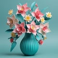 Intricately Detailed Paper Flower Vase On Blue Background