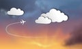 3D paper illustration with plane and clouds at sunset-on stormy background