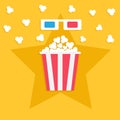 3D paper red blue glasses and big popping popcorn box. Cinema movie night icon in flat design style. Star shadow. Yellow Royalty Free Stock Photo