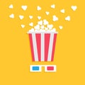 3D paper red blue glasses and big popping popcorn box. Cinema movie night icon in flat design style. Yellow background.