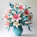 3d Paper Sculpture: Blue Vase With Pink Lilies In Teal And Pink