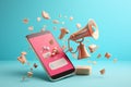 3D Papercut Social Marketing Megaphone Email Smartphone Concept