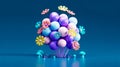 3D pastel balloons, delicate flowers, floating on deep teal background Royalty Free Stock Photo