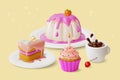 3d Patisserie Cakes Desserts and Coffee Concept Background Cartoon Style. Vector