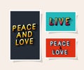 3d peace and love and live lettering on gray blue and red backgrounds vector design