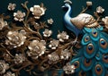 3d Peacock, beautiful floral jewelry wallpaper. Seamless 3d flowers on dark background