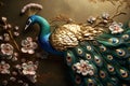 3d Peacock, beautiful floral jewelry wallpaper. Seamless 3d flowers on dark background