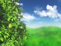3D pear tree against a defocussed grassy landscape Royalty Free Stock Photo