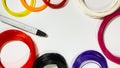 3D pen for drawing three-dimensional objects made of plastic and a lot of multi-colored plastic for creating beautiful Royalty Free Stock Photo