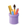 3d pencil cup. Stationery pencils container with office supplies, render school holder case for pen ruler education desk