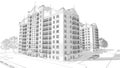 3d pencil sketch illustration of a modern multistory building exterior and yard landscape design