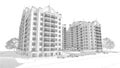 3d pencil sketch illustration of a modern multistory building exterior and yard landscape design