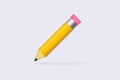3d pencil. Yellow wooden object with black lead and pink eraser essential tool drawing and creative education.