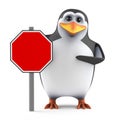 3d Penguin with a blank red road sign Royalty Free Stock Photo