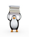 3d penguin carrying pile of books