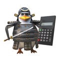 3d penguin cartoon samurai warrior character in armour holding a sword and calulator, 3d illustration