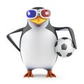 3d Penguin in 3d glasses holding a football