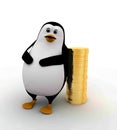 3d penguin with golden coin pile concept