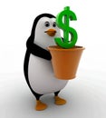 3d penguin holding pland of green dollar symbol concept Royalty Free Stock Photo