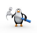 3d penguin holding steel claw hammer