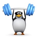 3d Penguin lifts weights above his head