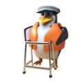 3d penguin sailor captain character walking with the aid of a zimmer frame, 3d illustration