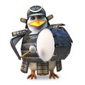 3d penguin samurai warrior in full armour beating on a bass drum, 3d illustration