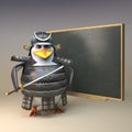 3d penguin samurai warrior in full armour teaching at the chalkboard, 3d illustration